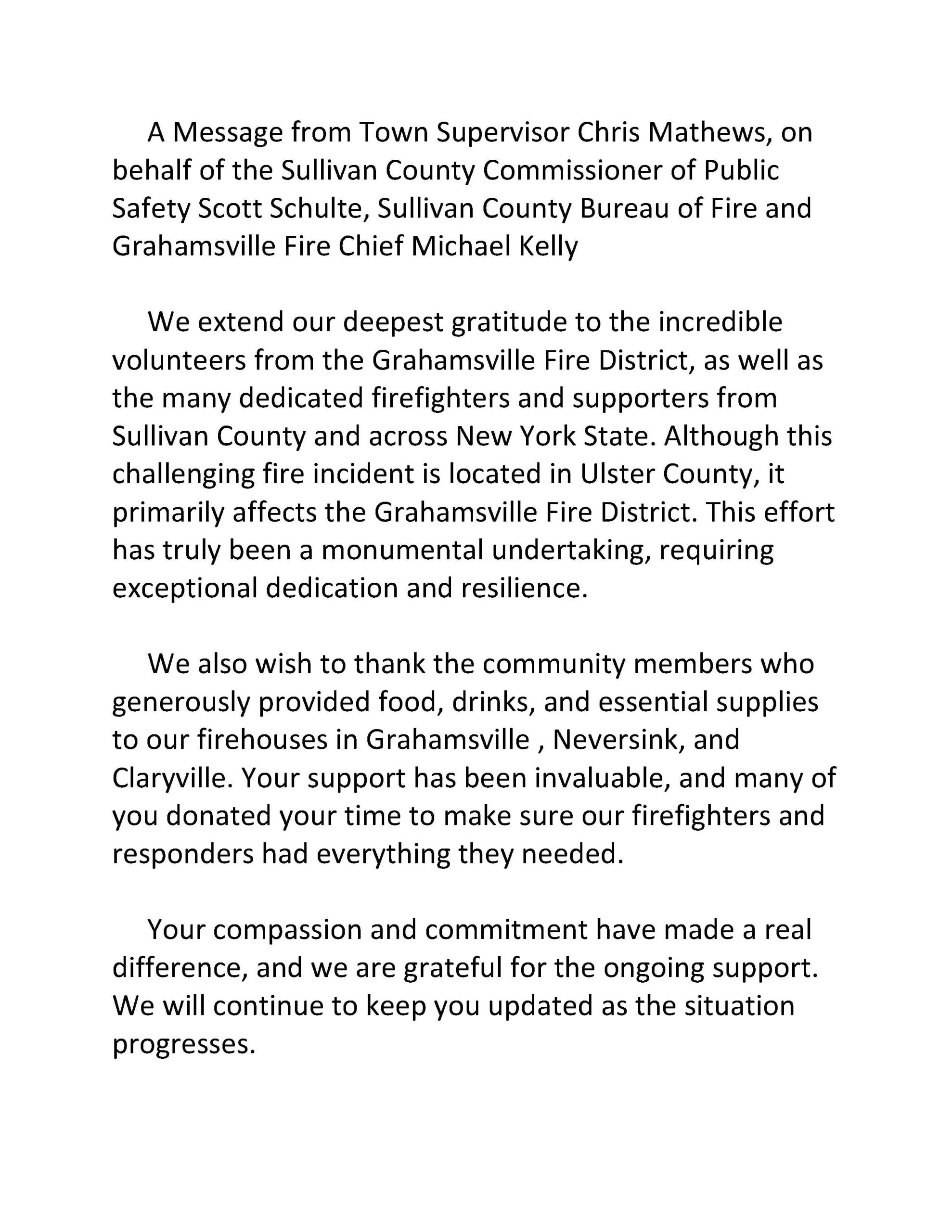 Message From Town of Neversink Supervisor 11/10/2024