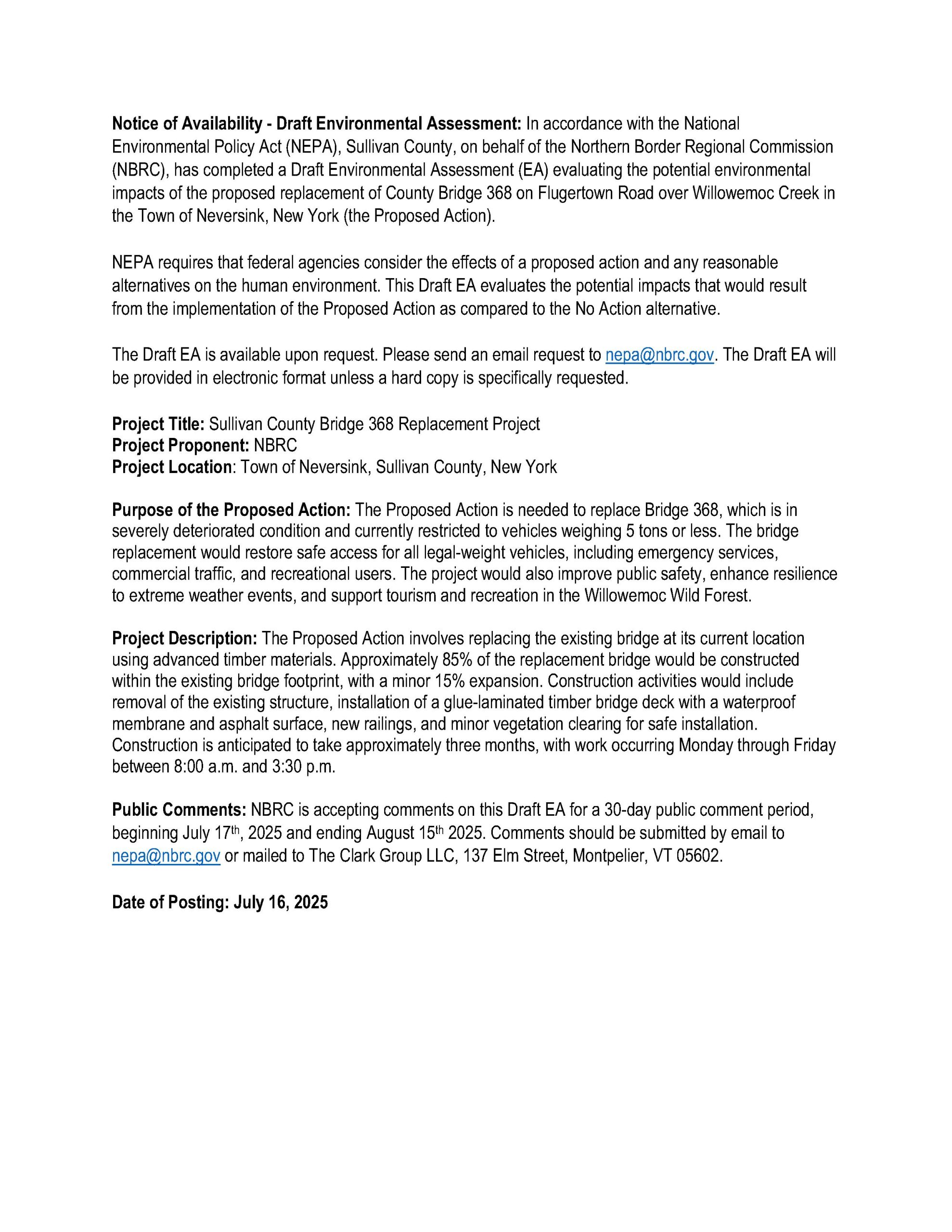 Notice of Availability – Draft Environmental Assessment 2025